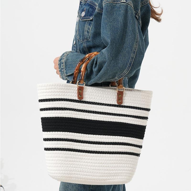 New Striped Hand-held Straw Bag Cotton Rope Machine Nail Woven Bag Large Capacity Seaside Vacation Tote Beach Bag