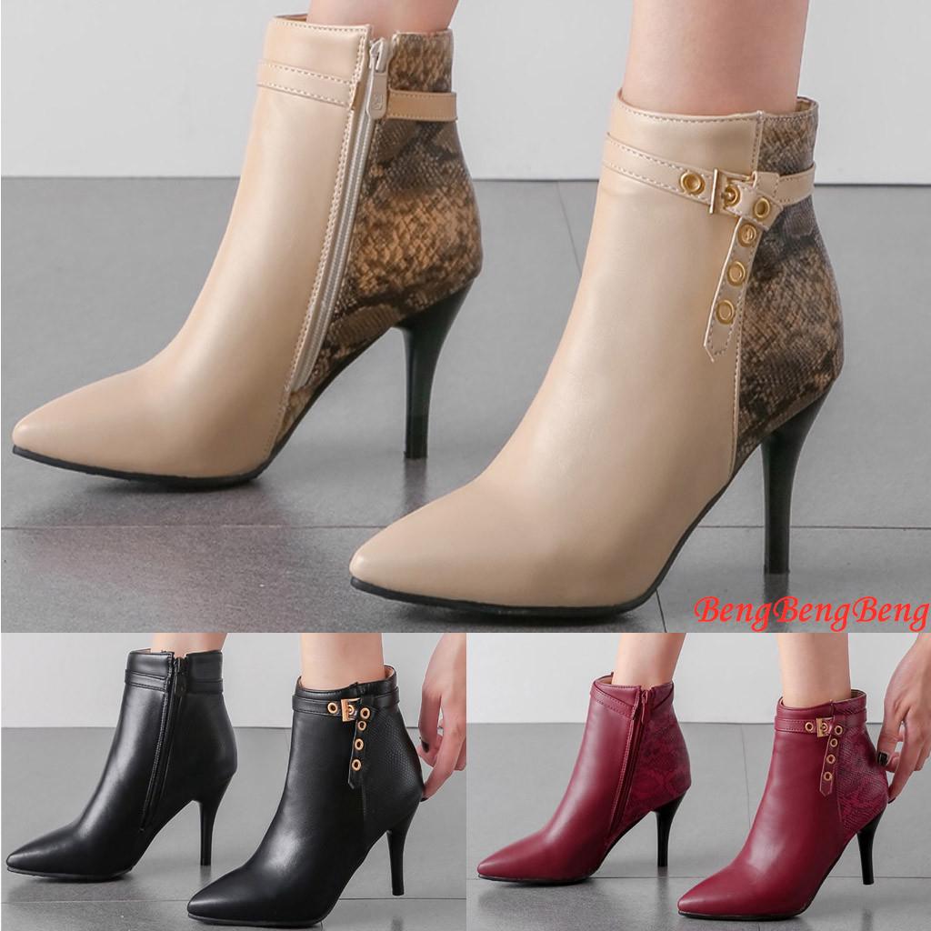 Fashion Womens Boots Pointed Toe Leather Low Chunky Heel Back Zipper Booties for Temperament
