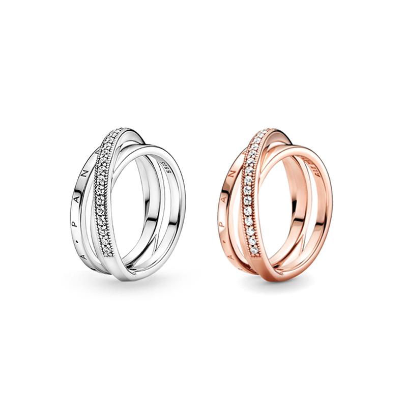 Pandora Pavé pavé interlaced three-ring set Möbius strip 925 silver ring women's silver/rose gold ZT-0035