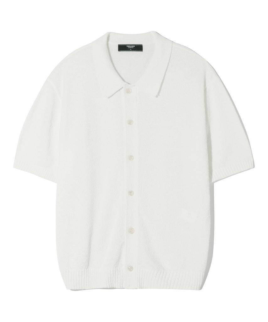 TRILLION Washable Boucle Collar Short Sleeve Knit (Cream White)