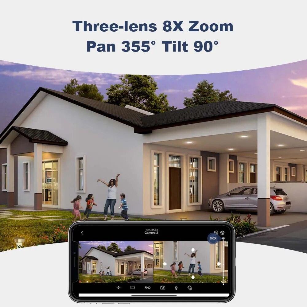 Neue EU 12MP 6K WiFi-Kamera für den Außenbereich, drei Objektive, Dual-Screens, 8-facher Zoom, CCTV-Mini-Videokamera, automatisches Tracking, Sicherheitsschutz, Überwachung, iCSee-App