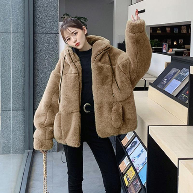 Autumn and Winter New Imitation Fur Jacket Female Rex Rabbit Hair Imitation Fur Hooded Plush Jacket Loose Warm and Fashionable