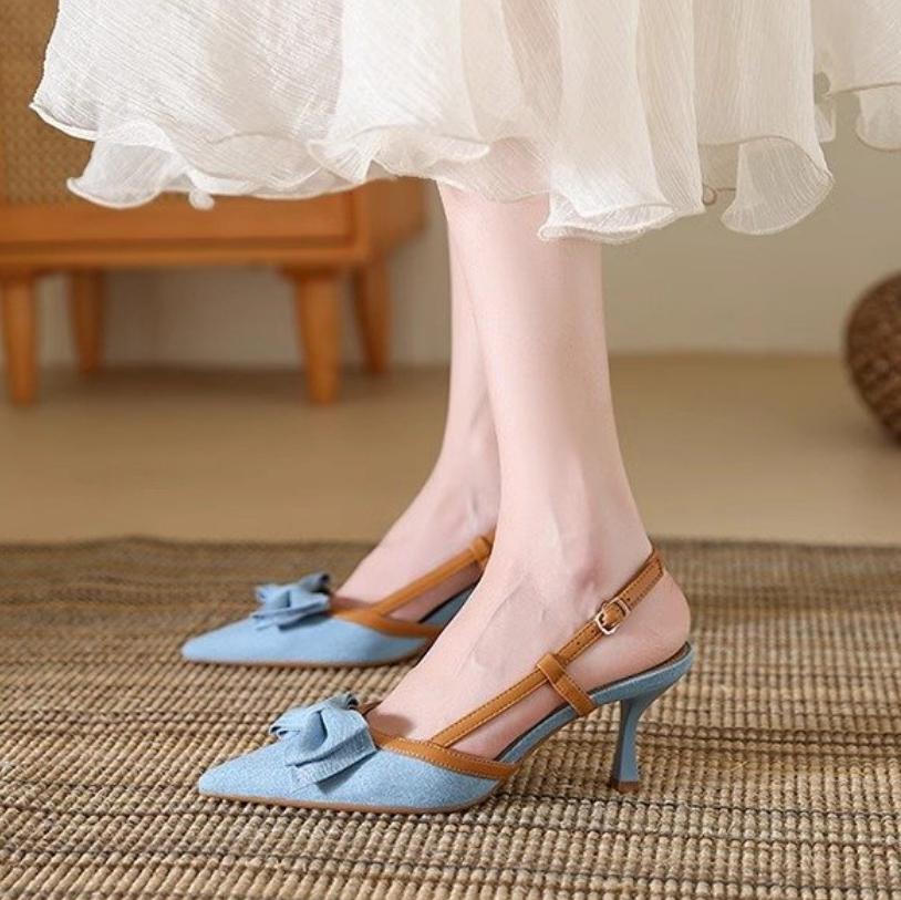 Fashion Sling Women's Shoes Pointed Toe Heels Denim Bow Sandals Women Slingback Dress Party Fashion Heeled Sandals Summer Pumps Slides