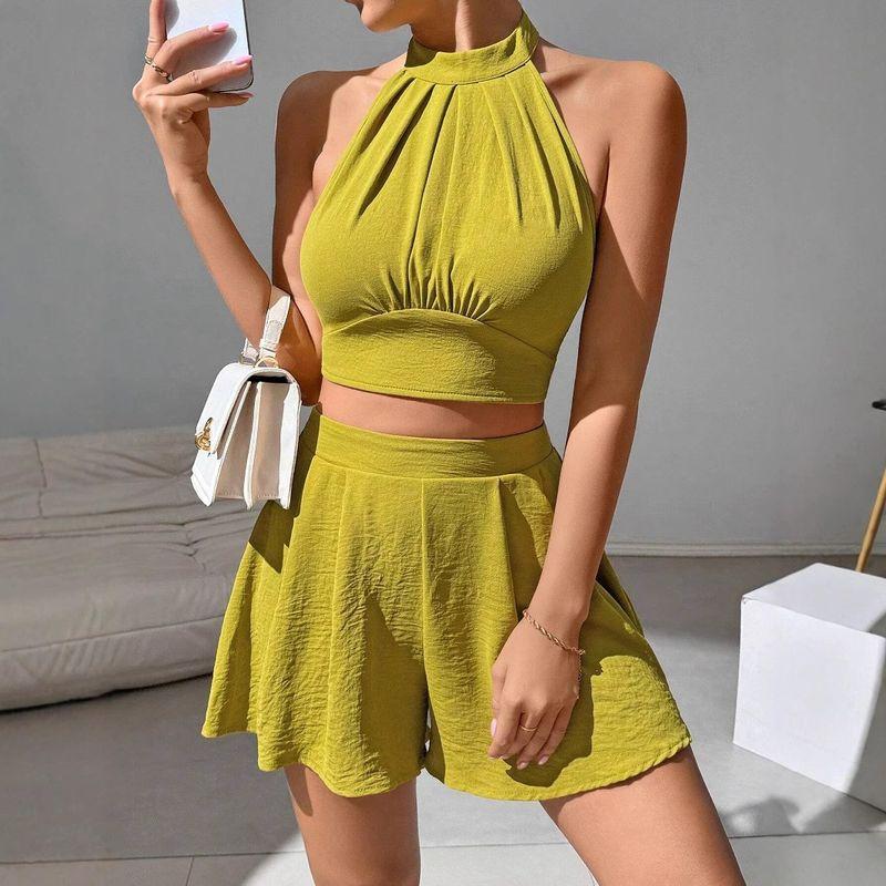 

Мода Сексуальный Отпускной Стиль Халтер Бретели-спагетти Ремешок Открытая спина Короткие Топы Жилет + Шорты с высокой талией Костюм Женский Летний Yellow S