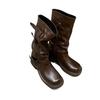 Soft Leather~ Wasteland Wind Boots Women's Black Vintage Pleated Pile Boots Martin Boots Belt Buckle Medium Pants Tube Boots Tide