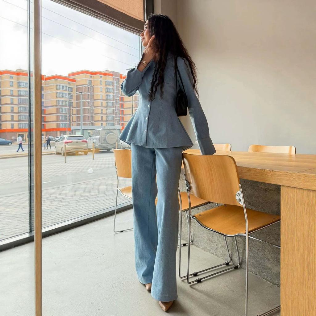 Cross-border foreign trade European beautiful women 2026 spring and autumn waist stand-up collar long-sleeved suit top femininity straight pants suit