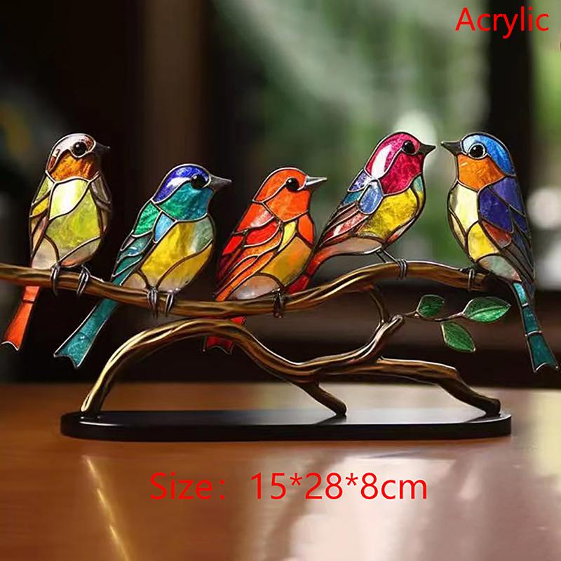 Stained Birds On Branch Desktop Ornaments Double Sided Colorful Birds Series Animals Shape Iron Art Craft Home Decoration