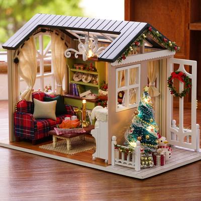 DIY Christmas Miniature Dollhouse Kit Vintage Dome Decoration Modern Mini 3D LED Wooden House Room Children's Christmas Gift
