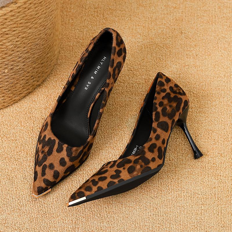 

G8836-1 black pointed high heels women s 2025 new autumn temperament fine heel suede shoes 39 леопард друку кольору