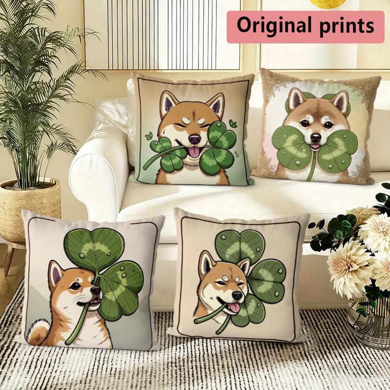 Shiba Inu Clover Lucky Throw Pillow Covers Pattern Cushion Cover Suitable For Sofa Bedroom Car Pillow Cover