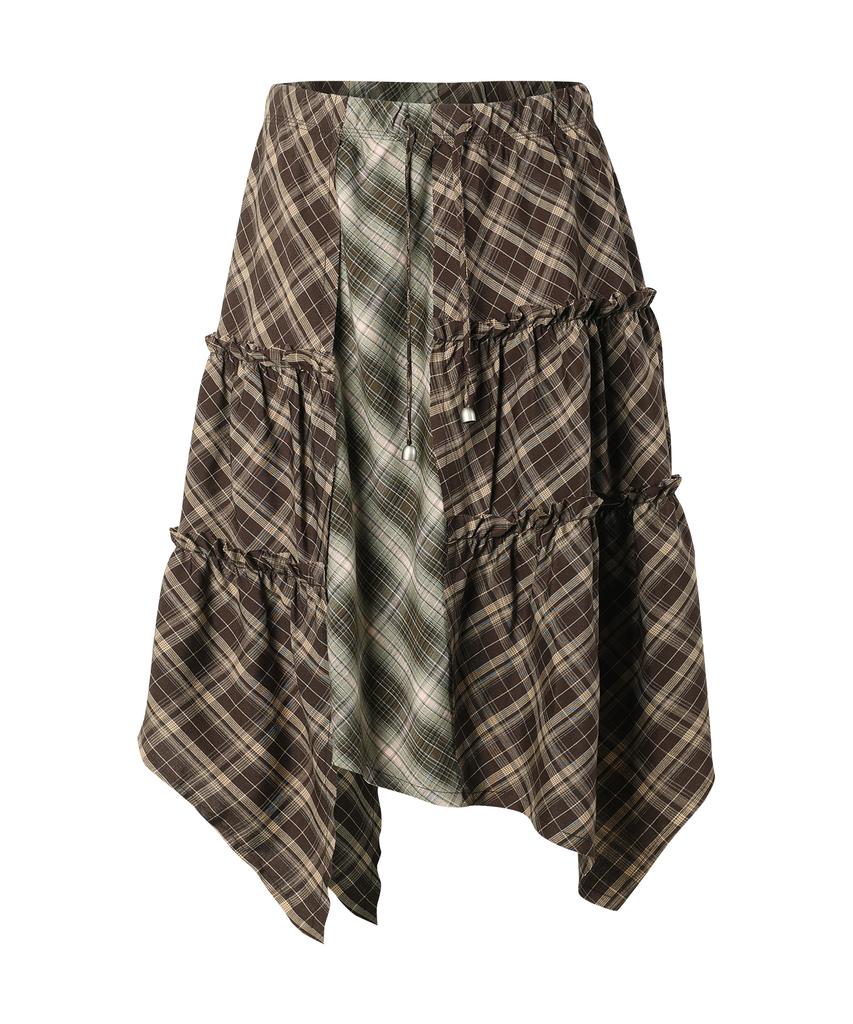 The Vinyl House Unbalance Layered Check Skirt (W) Brown