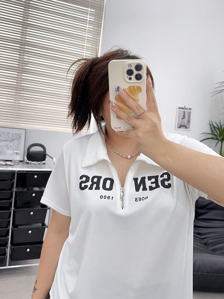 Plus Size Women's Casual Zipper Print Top - Loose Fit Short Sleeve T-shirt for 2025 Summer