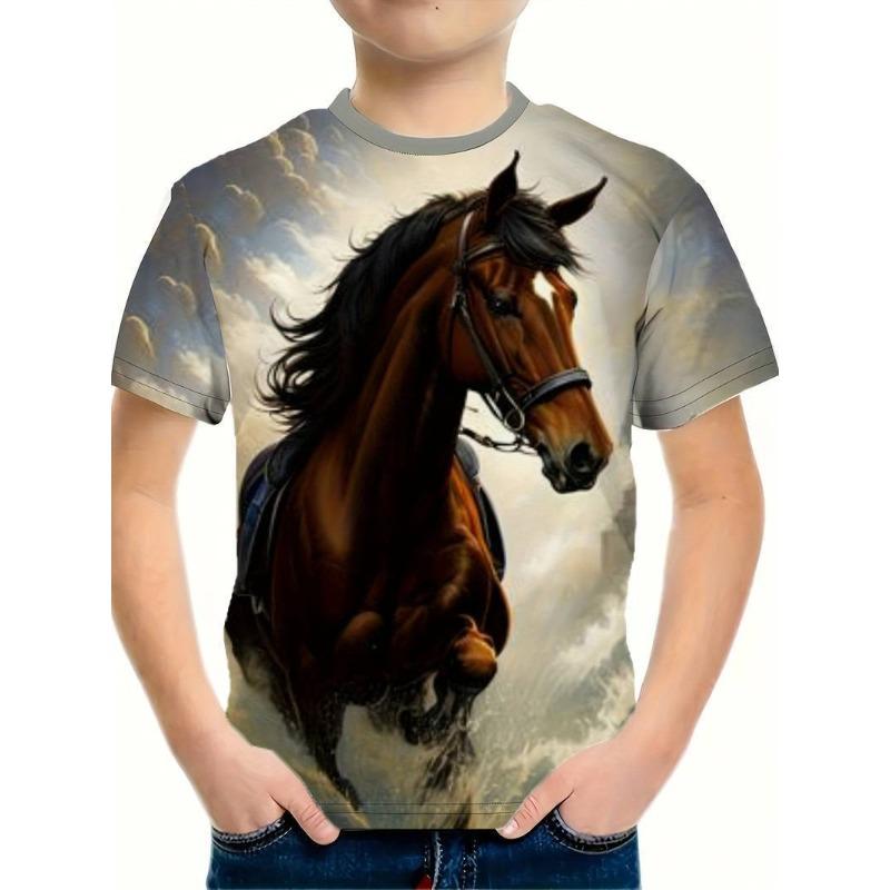 Summer Comfortable Soft Children's Fashionable 3D Printed Horse Pattern Round Neck Boys' Girls' Short Sleeved T-shirt