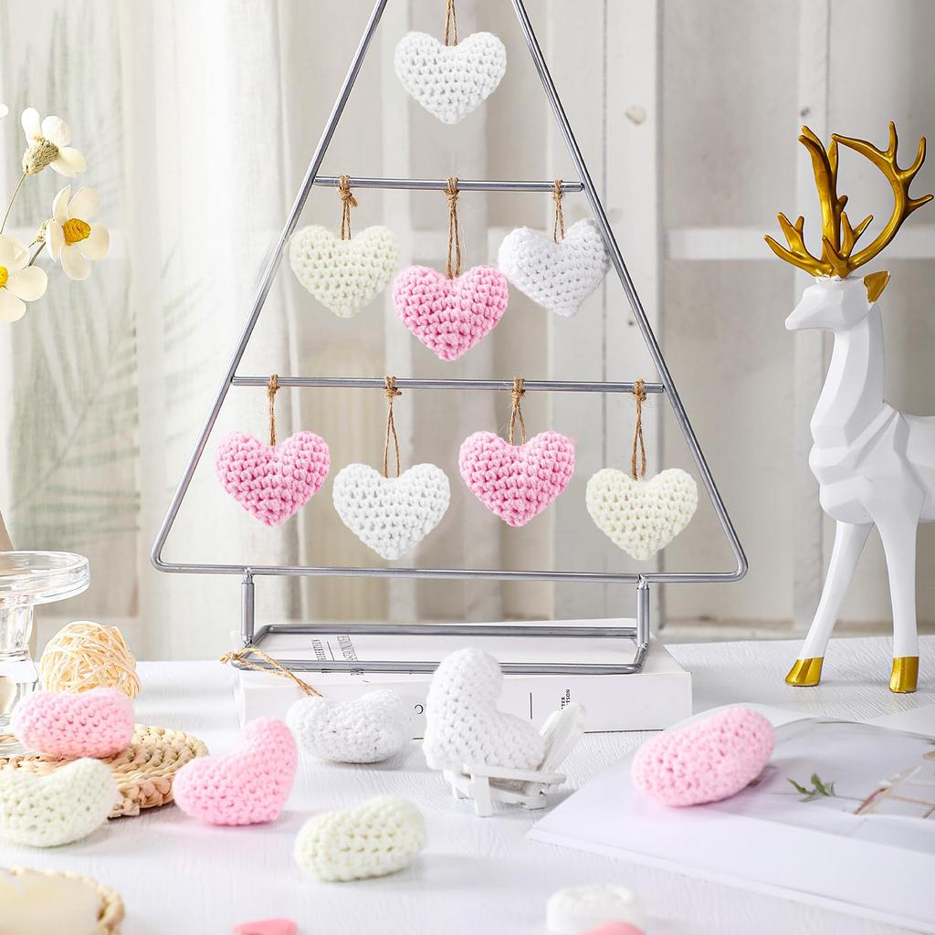 12 Pcs Knitted Heart Hanging Pendant Handmade Valentine Bowl Vase Filler for Home Christmas Tree Party Decor