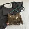 Korean Vintage Rivet Shoulder Bag Tassel Boho Underarm Bag Zipper Suede Handbag Girls Purses and Handbags bolso