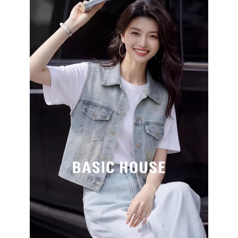 Basic House Women s Washed Denim Polo Collar Shirt One Size