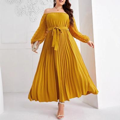 Plus Size Women's Fall New Mesh Pleats Fashion Elegant Long Dress