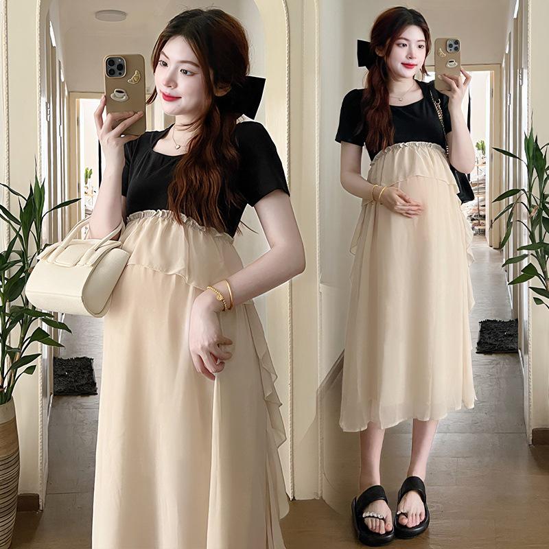 Korean-Style Sweet Patchwork Maternity Dress: Summer 2026 Loose Fake Two-Piece Design
