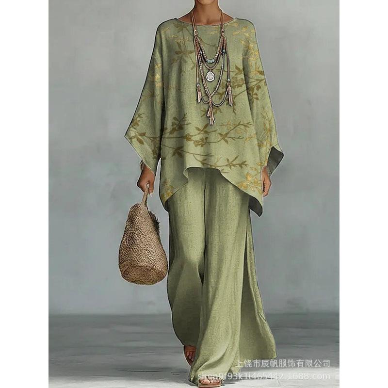 1116 European and American spring new printing temperament round neck versatile casual loose two-piece set
