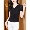 New Summer Style Versatile V-neck Pleated Mesh Slim Fit and Slim Hot Diamond Mesh Short-sleeved T-shirt Top for Women