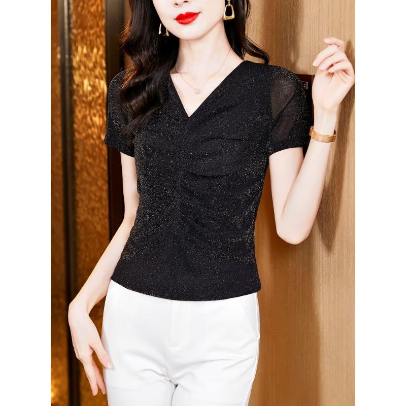 New Summer Style Versatile V-neck Pleated Mesh Slim Fit and Slim Hot Diamond Mesh Short-sleeved T-shirt Top for Women