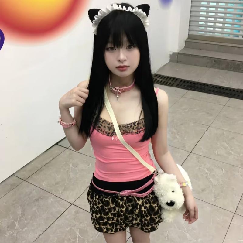 Vintage Leopard Print Stitched Crop Top Women Casual Sleeveless Cute Bow Patchwork Strap Tees Y2k Summer Crop Tops Ladies