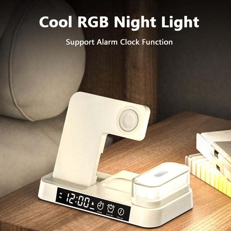 VAORLO 4 IN 1 kabelloses Ladegerät 15 W QI Schnellladung für Apple Watch Smartphones Airpods unterstützt Wecker mit RGB-Nachtlicht