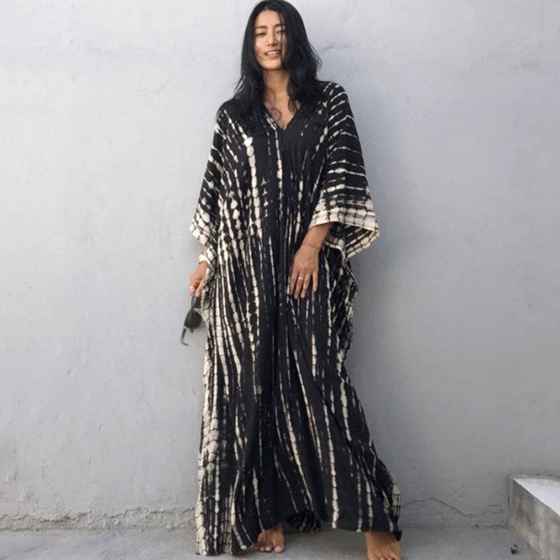 European & American Tie-dye Rayon Beach Dress: Loose, Long Seaside Vacation Robe & Bikini Cover-up with Sunscreen Shirt for Women