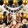 Black Happy Birthday Banner, Black and Metallic Gold Balloons for Birthday Celebrations