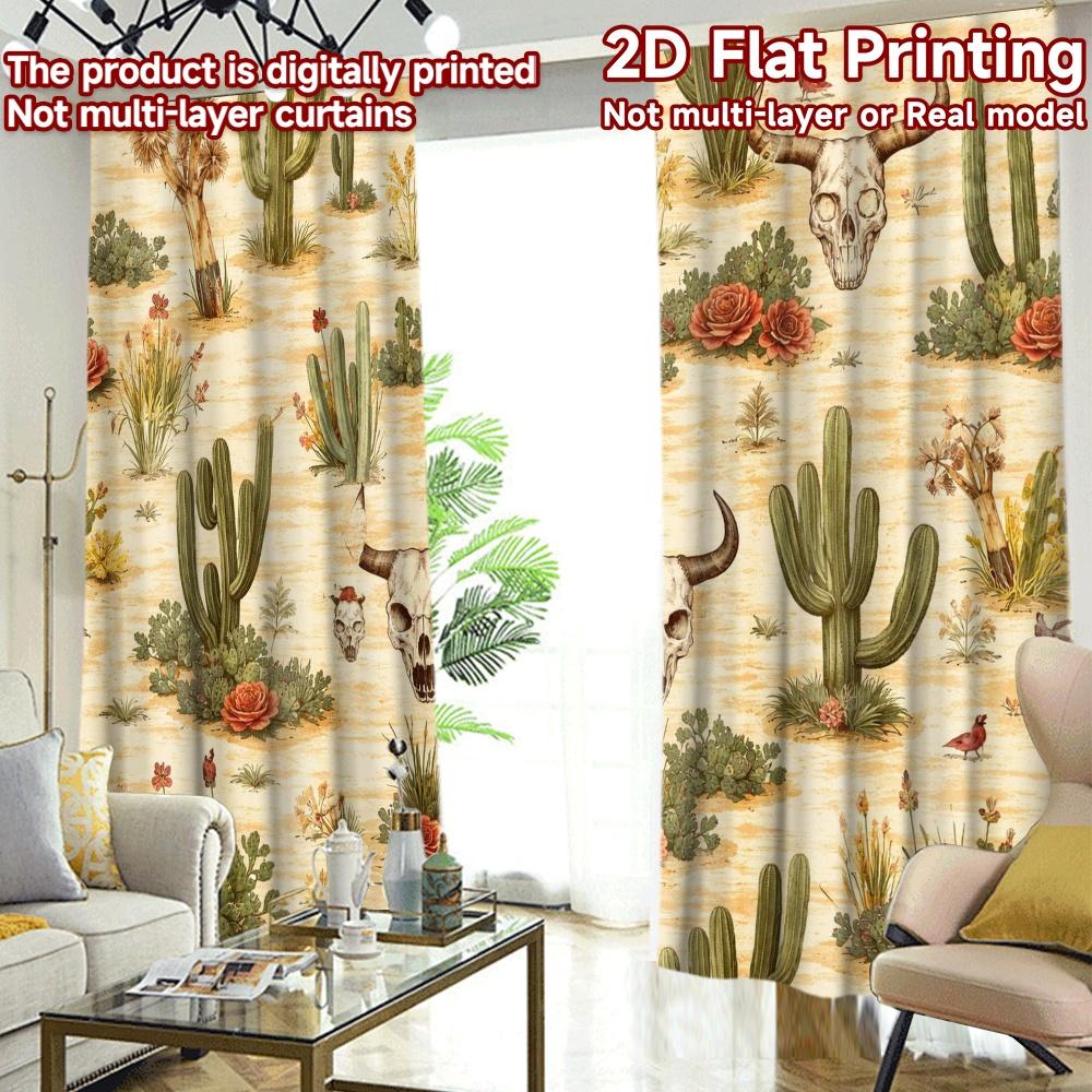 2D FLAT PRINTING 2pcs Curtains (Without Rod) Desert Cactus and Skulls Print Chic Curtains Versatile 100% Polyester Curtains
