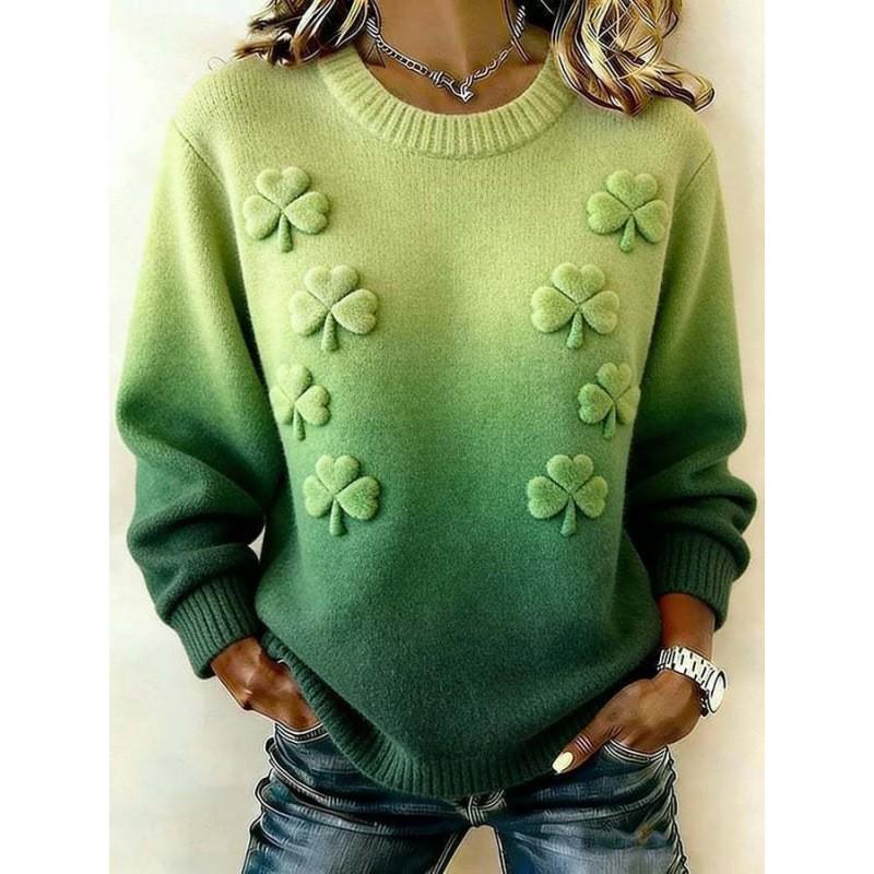 2026 Womens Oversized Knit-Style Crewneck Sweatshirt With 3D Clover Print Thick Warm Streetwear Top