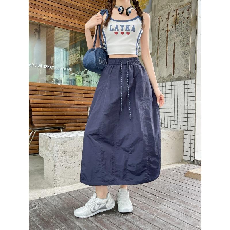

Splicing simple pumpkin skirt skirt girl style long summer skirt high waist splicing bud skirt white skirt L тёмно-синий