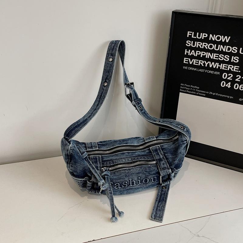 Τσάντα Crossbody από Τζιν, Απλή Τσάντα με Κέρατο, Ρετρό Πλυμένη Φθαρμένη Τσάντα