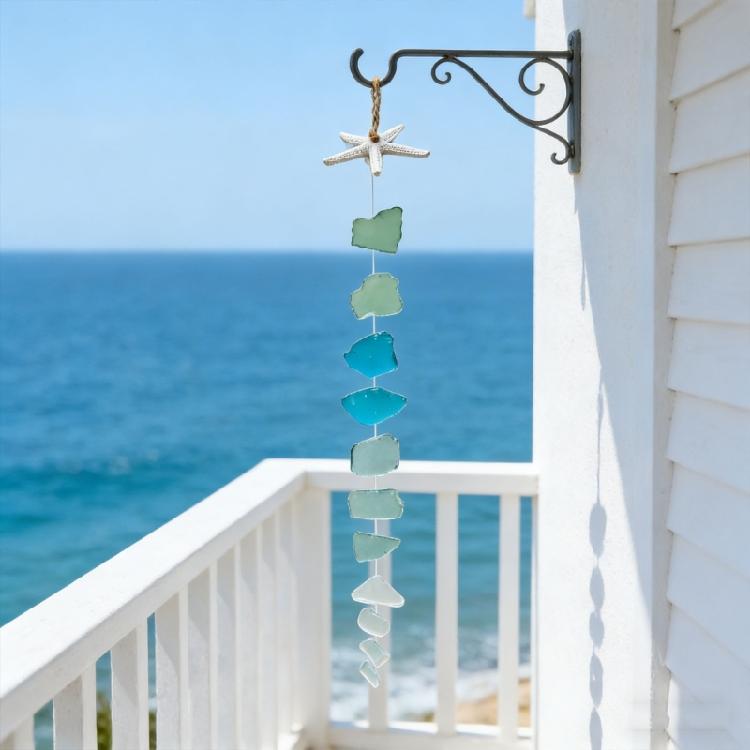 Strand Küsten Thema Mehrfarbige Meerglas Windspiele Hängendes Ornament Mit Harz Seesternen Für Außen Garten Dekorationen