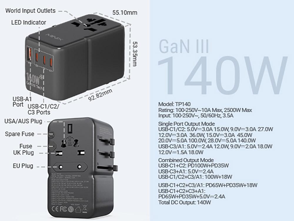 Adaptor Universal de Călătorie MINIX TP140 140W, 3*USB-C 1*USB-A