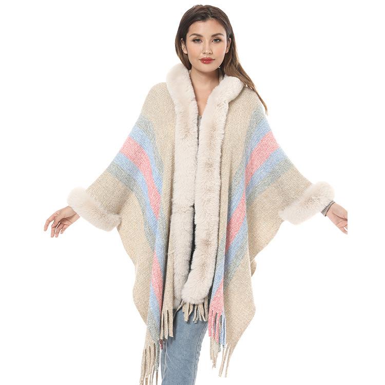 Hooded Rabbit Fur Collar Shawl Cape Plus Size Knitted Hooded Cardigan Loose Coat