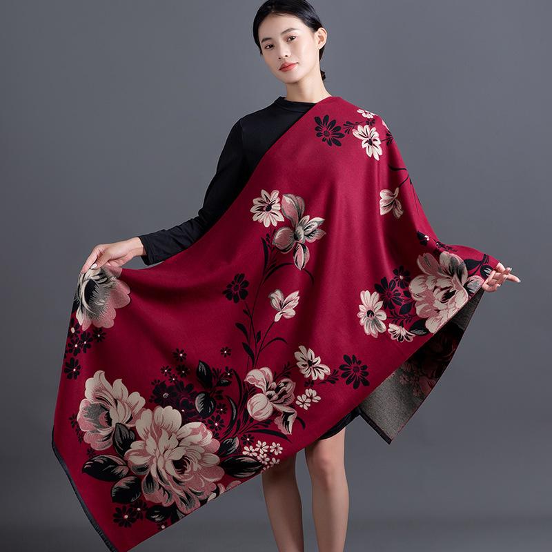 Women S Warm Faux Cashmere Flower Jacquard Scarf Versatile Shawl