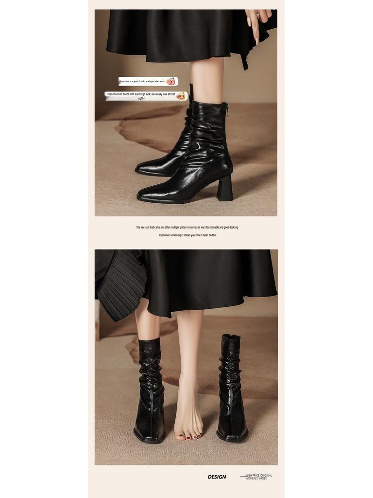 Pleated Retro French Ankle Boots with Velvet Lining, Mid-Calf Height, Back Zipper, and Slim Square Toe for Women.