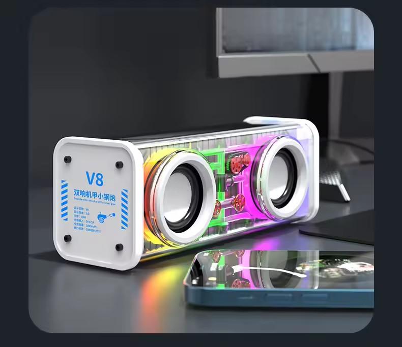 TWS V8 Transparent Mecha Powerful Speaker RGB Light Bluetooth Wireless Surround Bass Subwoofer Music Mini Home Party Loudspeaker