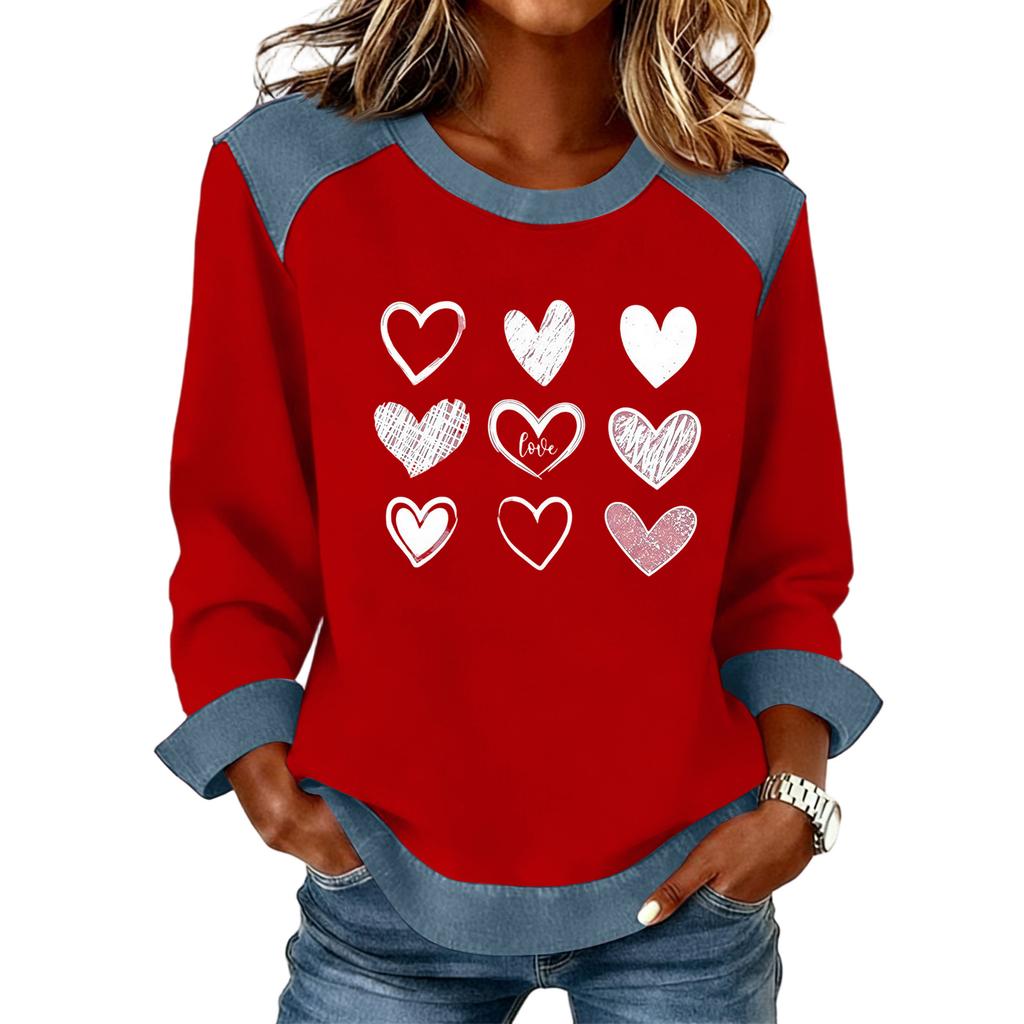 Women Denim Collar Patchwork Stitching Sweatshirt Casual  Pullover Long Sleeve Shirts