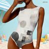 Women Plus Size High Round Neck Sleeveless One Piece Geometric Printed Swimsuit