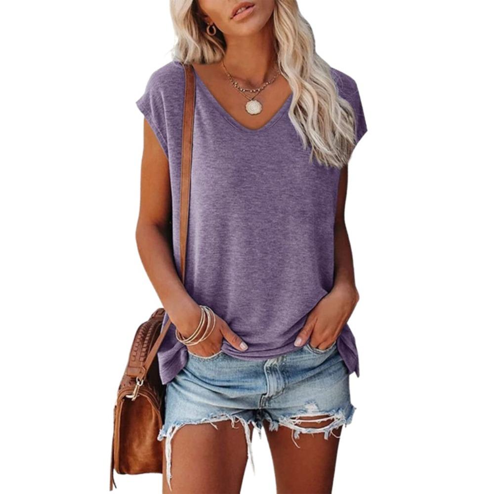 Women's Solid Color V-Neck T-Shirts, Lightweight Soft Cotton Tees for Spring & Summer, Casual Daily Basic Tops