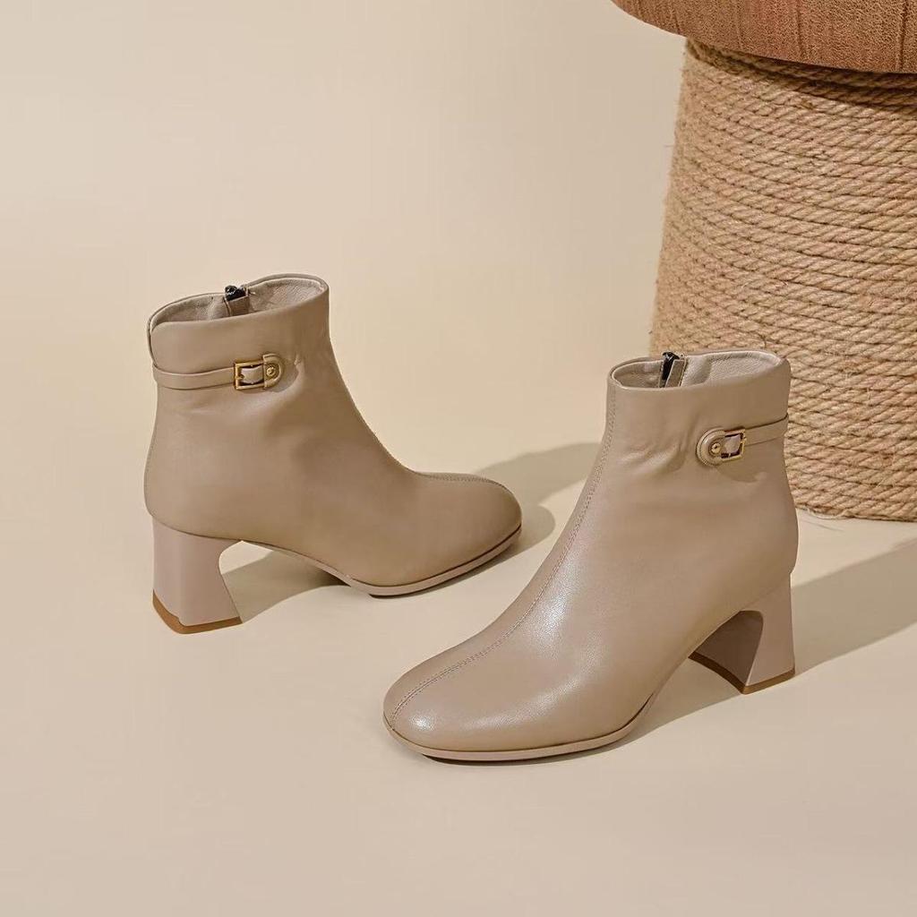 Balerini din piele naturală pentru femei - Piele de oaie, Vârf pătrat, Toc gros, Căptușiți cu pluș pentru iarnă, Piele moale pentru primăvară/toamnă.