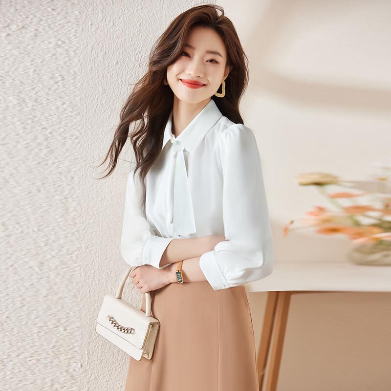 Troloman Women's Elegant Bow Tie Long Sleeve Blouse