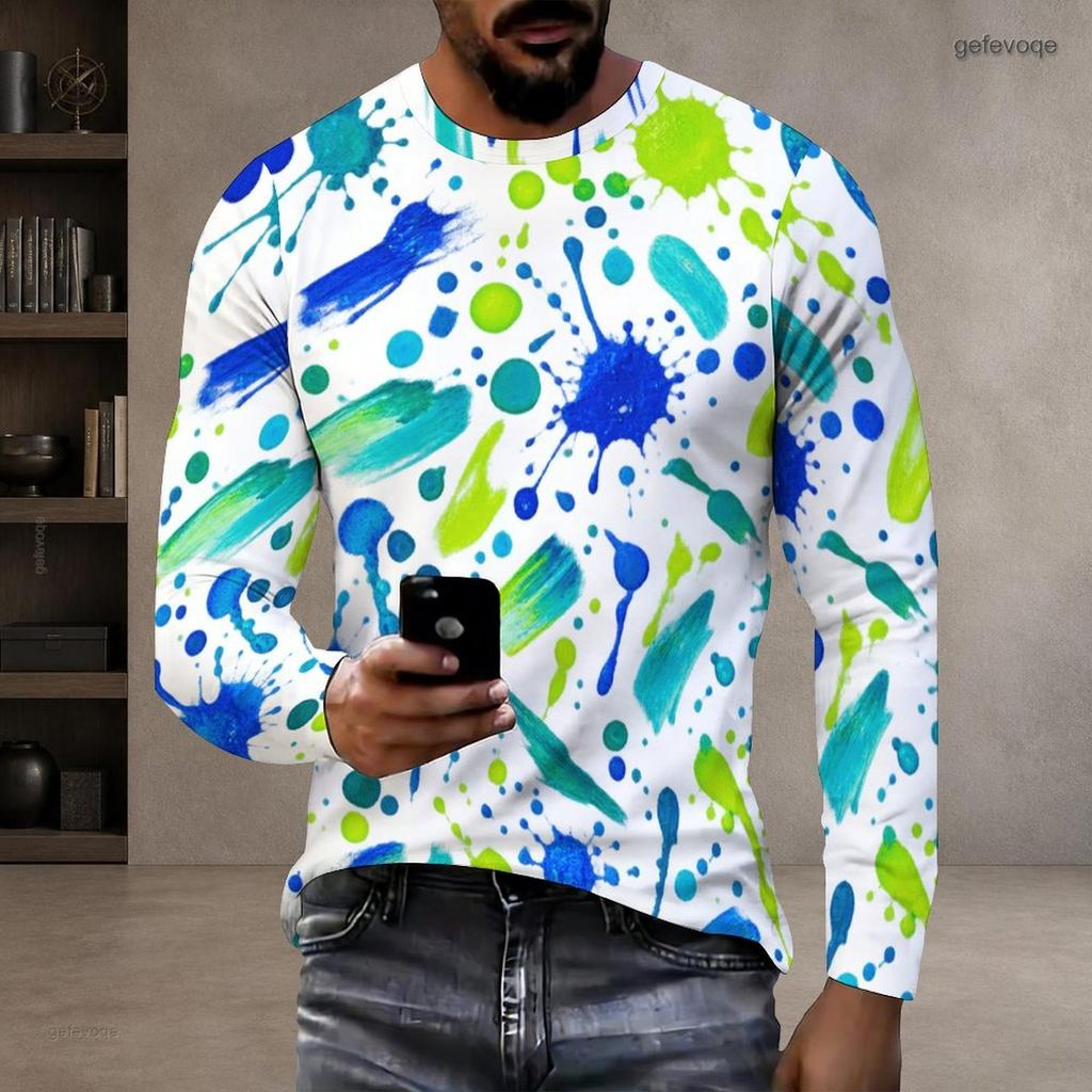 Men Plus Size Round Neck Long Sleeve Printed White T Shirt Casual Pullover
