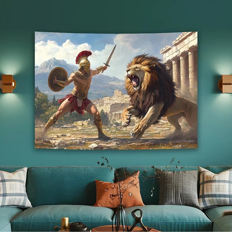 VIKAMA Spartan Warriors vs Lion Wars Roman Empire Scene Living Room Wall Decoration Tapestry Home Decoration