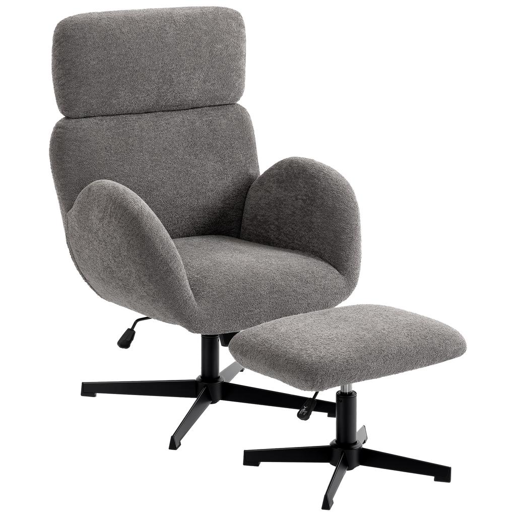 Swivel Armchair with Footstool, Height-Adjustable Accent Chair with Adjustable Headrest, Rocking Function, Grey