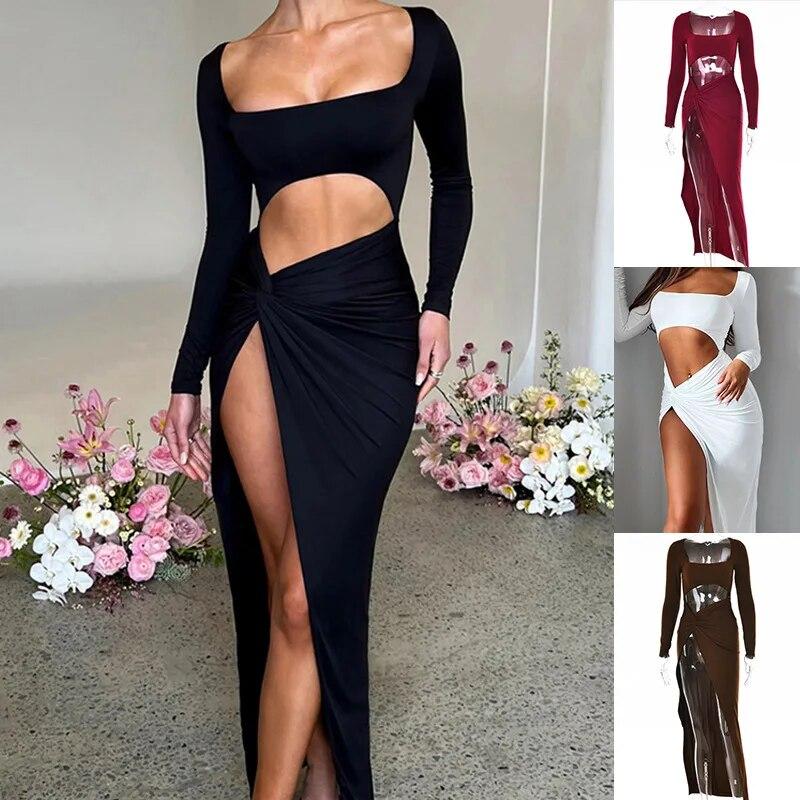 Elegant Sexy High Waisted Solid Asymmetrical Irregular Slim Dress Women Fashion U-neck Long Sleeve Midriff-baring Dresses 30486