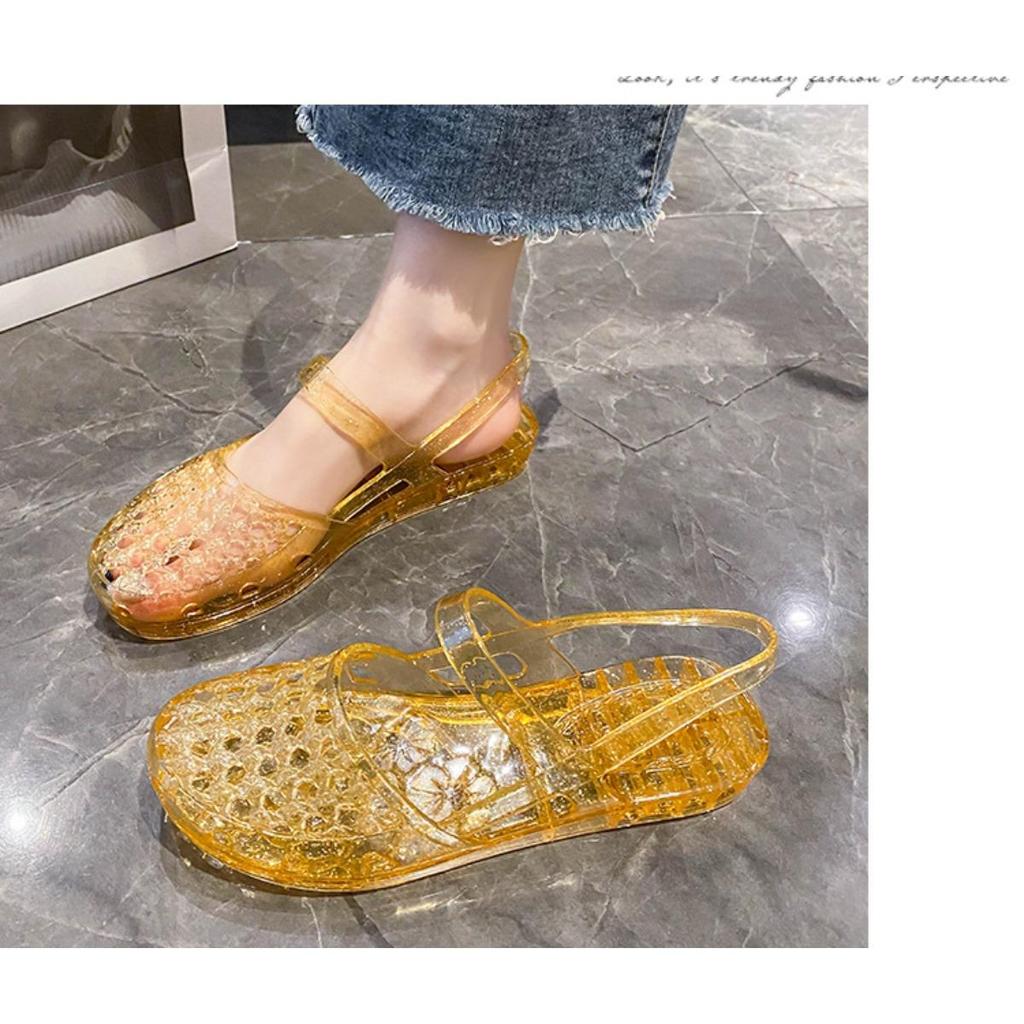 Gemstone Sparkling Jelly Mary Jane Shoes, Transparent Woven Hollow Flat Shoes, Waterproof and Non Slip, Cute Beach Pool Vacation Cooldown