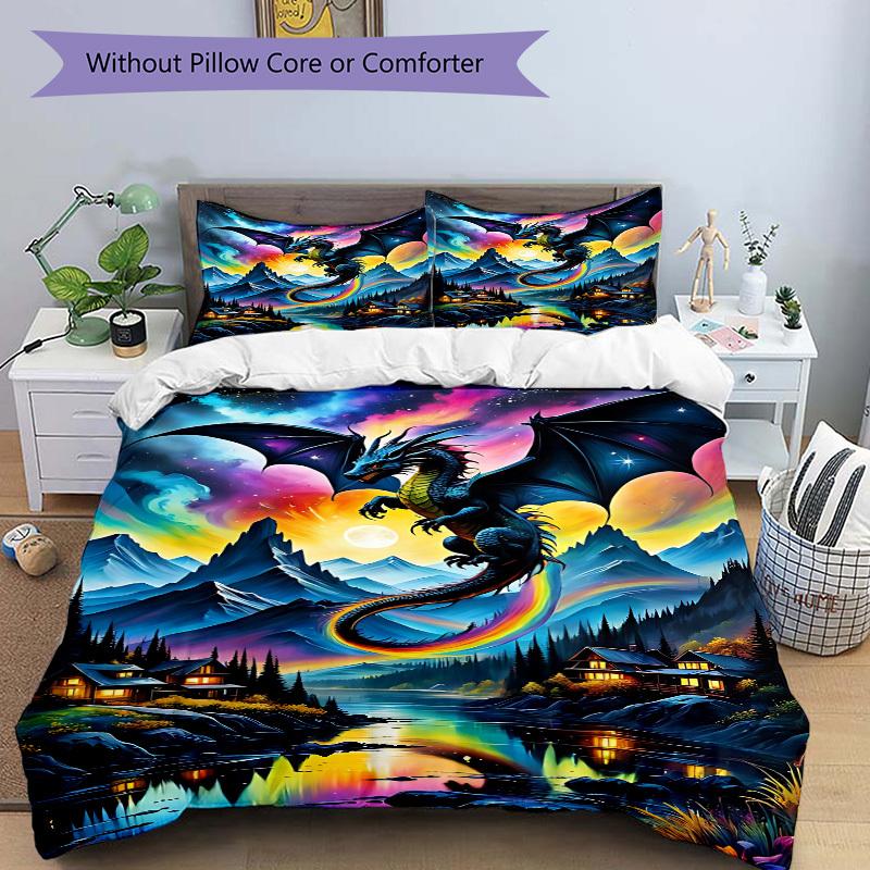 3pcs bedding set Dragon Fantasy Includes 1 Comforter + 2 Pillowcases, Without Pillow Inserts, Soft Comfortable, Lightweight Breathable, Prin